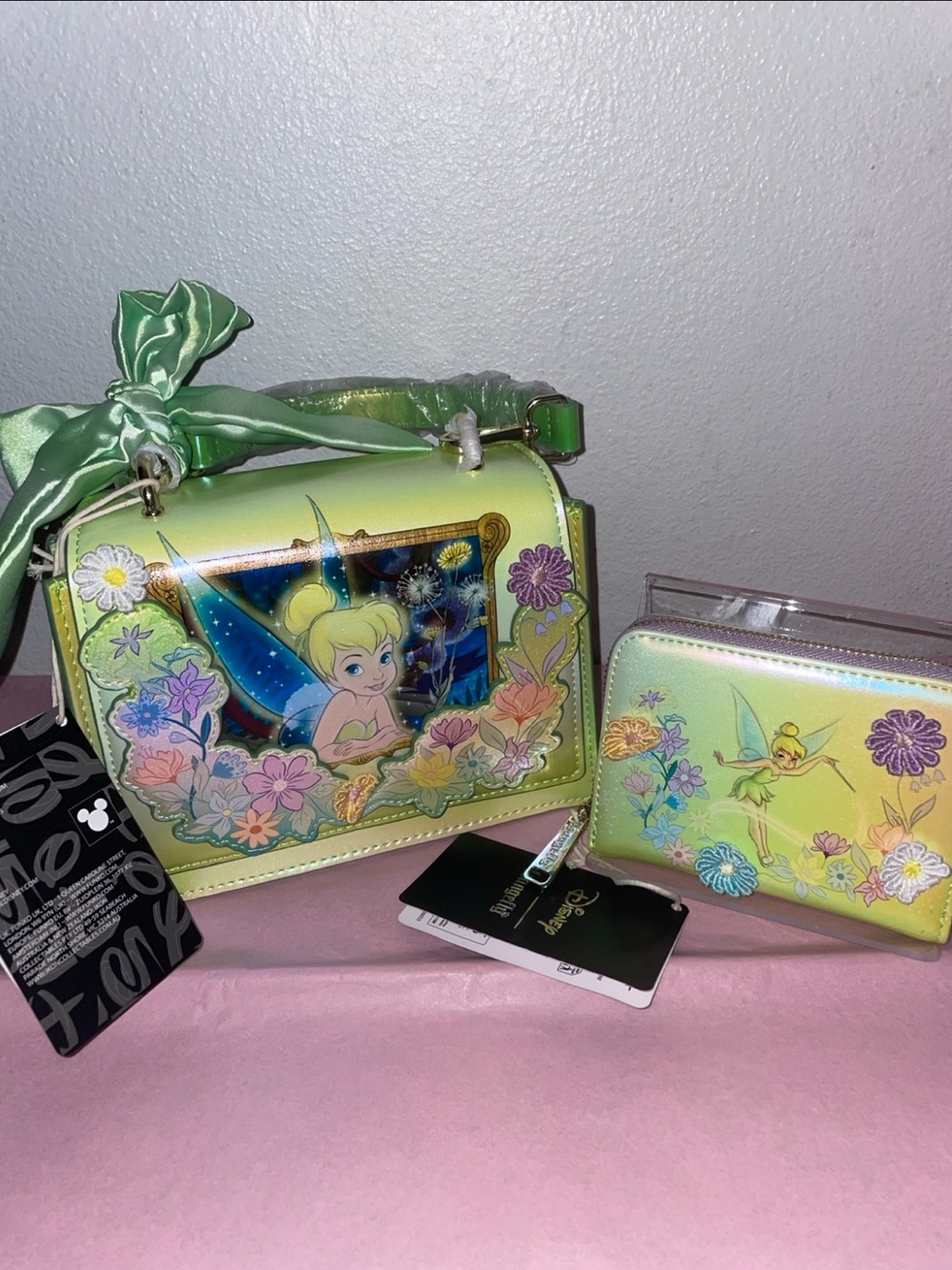 Exclusive Loungefly Disney Tinker Bell Shimmer Floral Crossbody Bag & Wallet Set